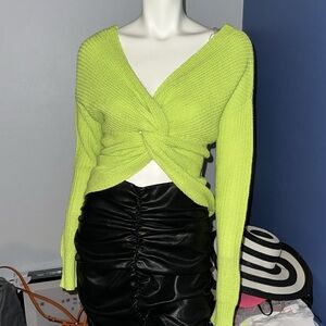 Rue 21 neon green knotted crop top, long sleeves, knot in the middle.